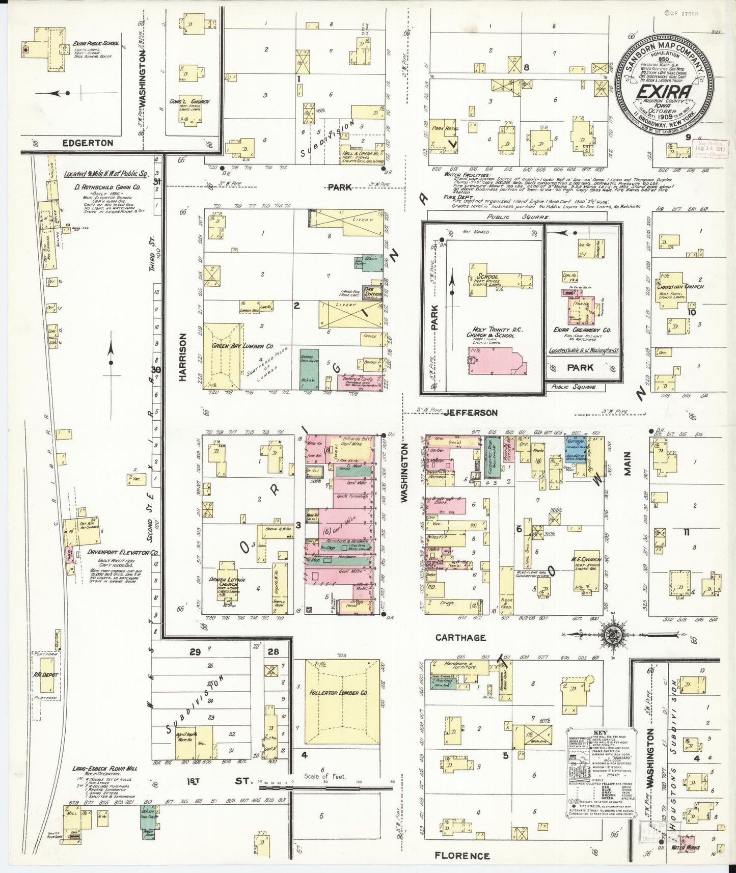 Sanborn Fire Insurance Map from Exira, Audubon County, Iowa (1909), Sheet #0001 - Historic Sanborn Fire Insurance Map Print, vintage old map wall art