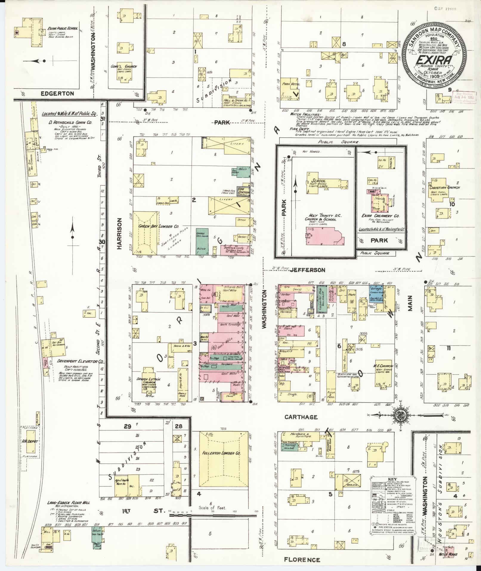 Sanborn Fire Insurance Map from Exira, Audubon County, Iowa (1909), Sheet #0001 - Historic Sanborn Fire Insurance Map Print, vintage old map wall art