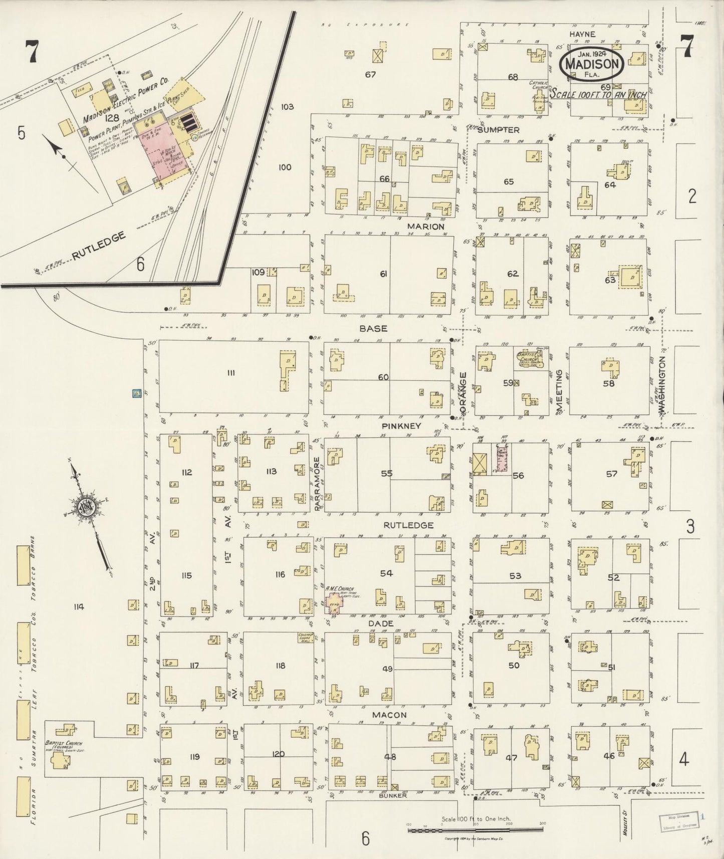 Sanborn Fire Insurance Map from Madison, Madison County, Florida (1924), Sheet #0007 - Complete Map Set gallery image, historic Sanborn map, vintage wall art, Florida Florida