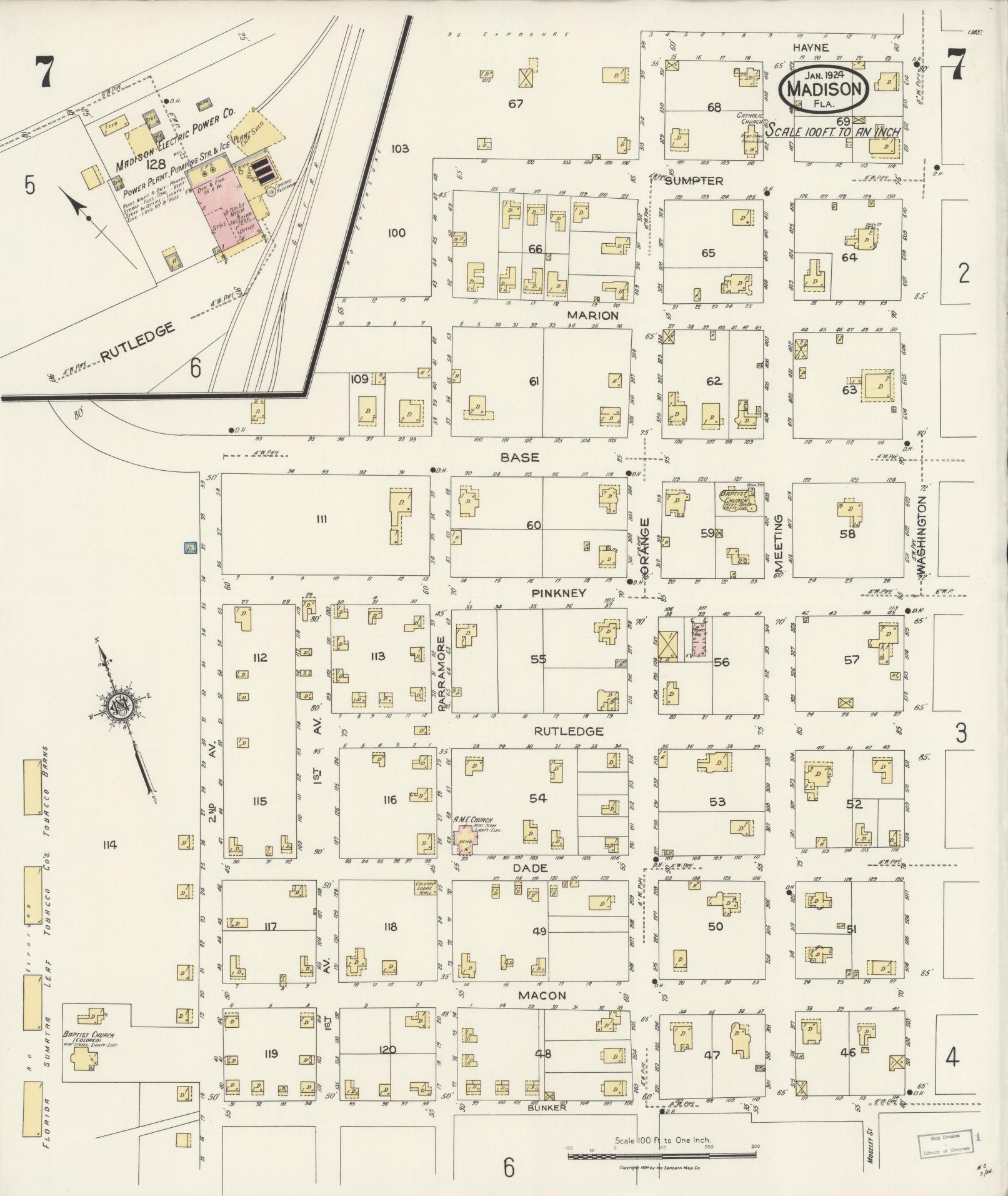 Sanborn Fire Insurance Map from Madison, Madison County, Florida (1924), Sheet #0007 - Complete Map Set gallery image, historic Sanborn map, vintage wall art, Florida Florida