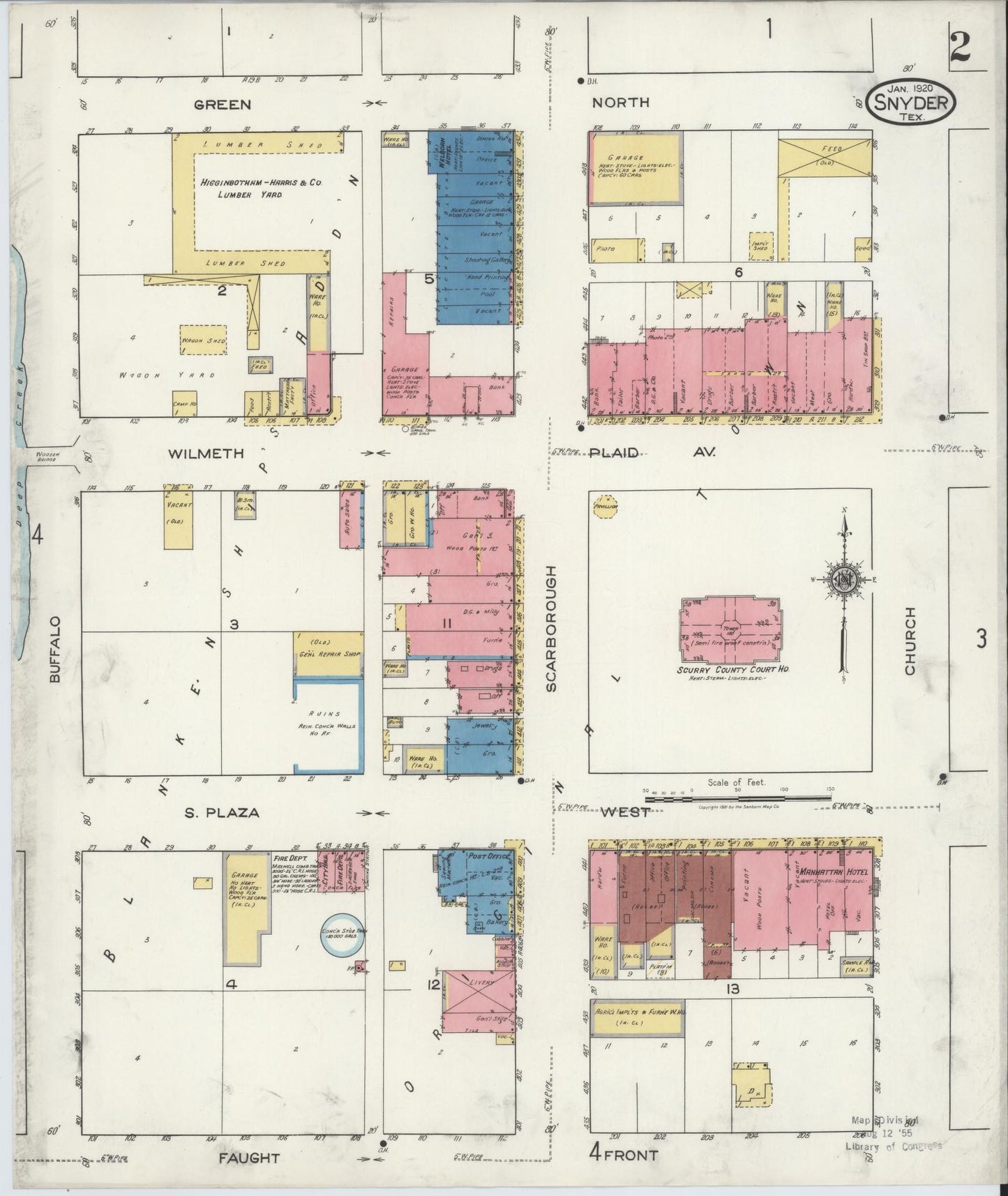 Sanborn Fire Insurance Map from Snyder, Scurry County, Texas (1920), Sheet #0002 - Historic Sanborn Fire Insurance Map Print, vintage old map wall art, antique decor, genealogy gift, Texas Texas map