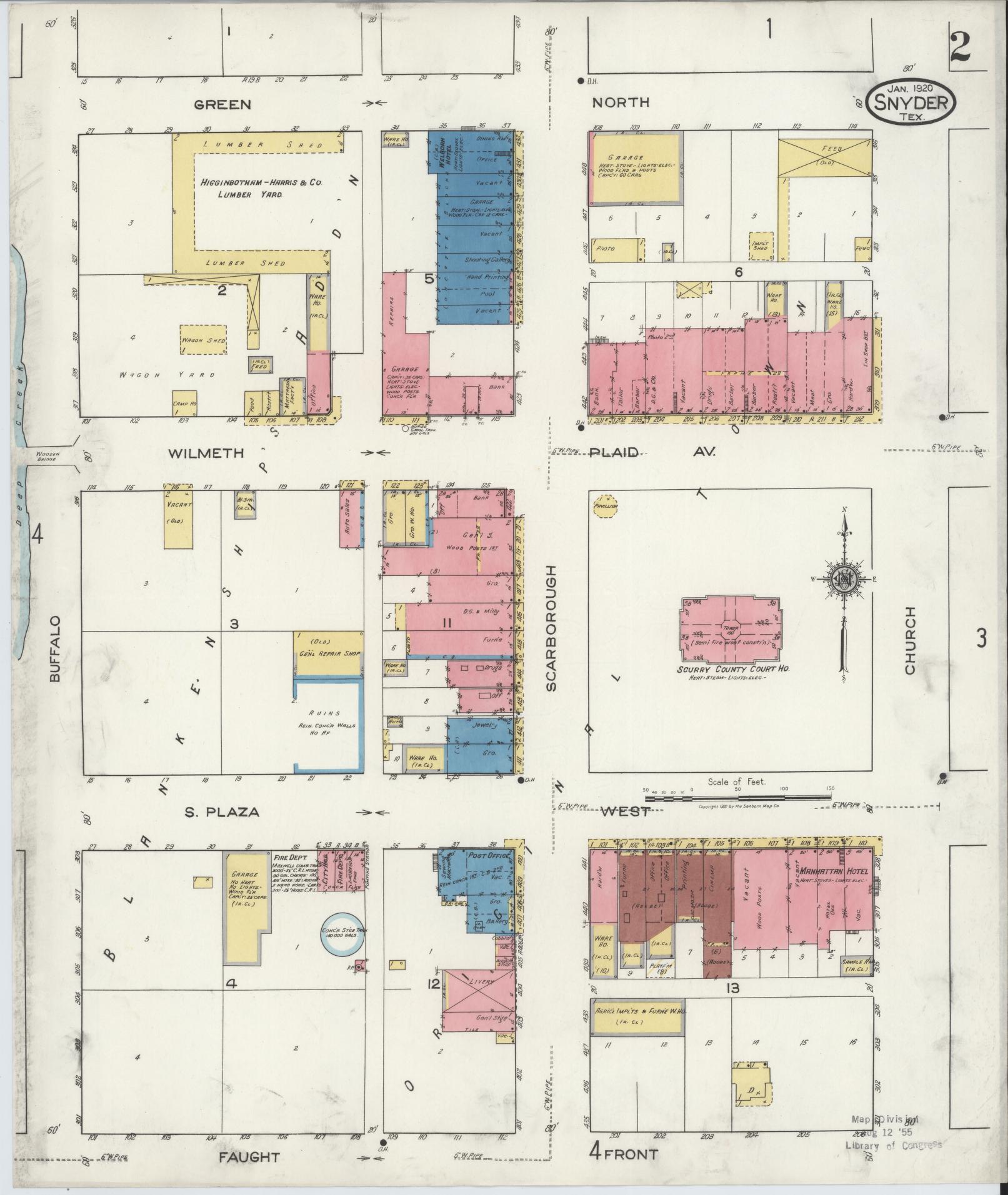 Sanborn Fire Insurance Map from Snyder, Scurry County, Texas (1920), Sheet #0002 - Historic Sanborn Fire Insurance Map Print, vintage old map wall art, antique decor, genealogy gift, Texas Texas map