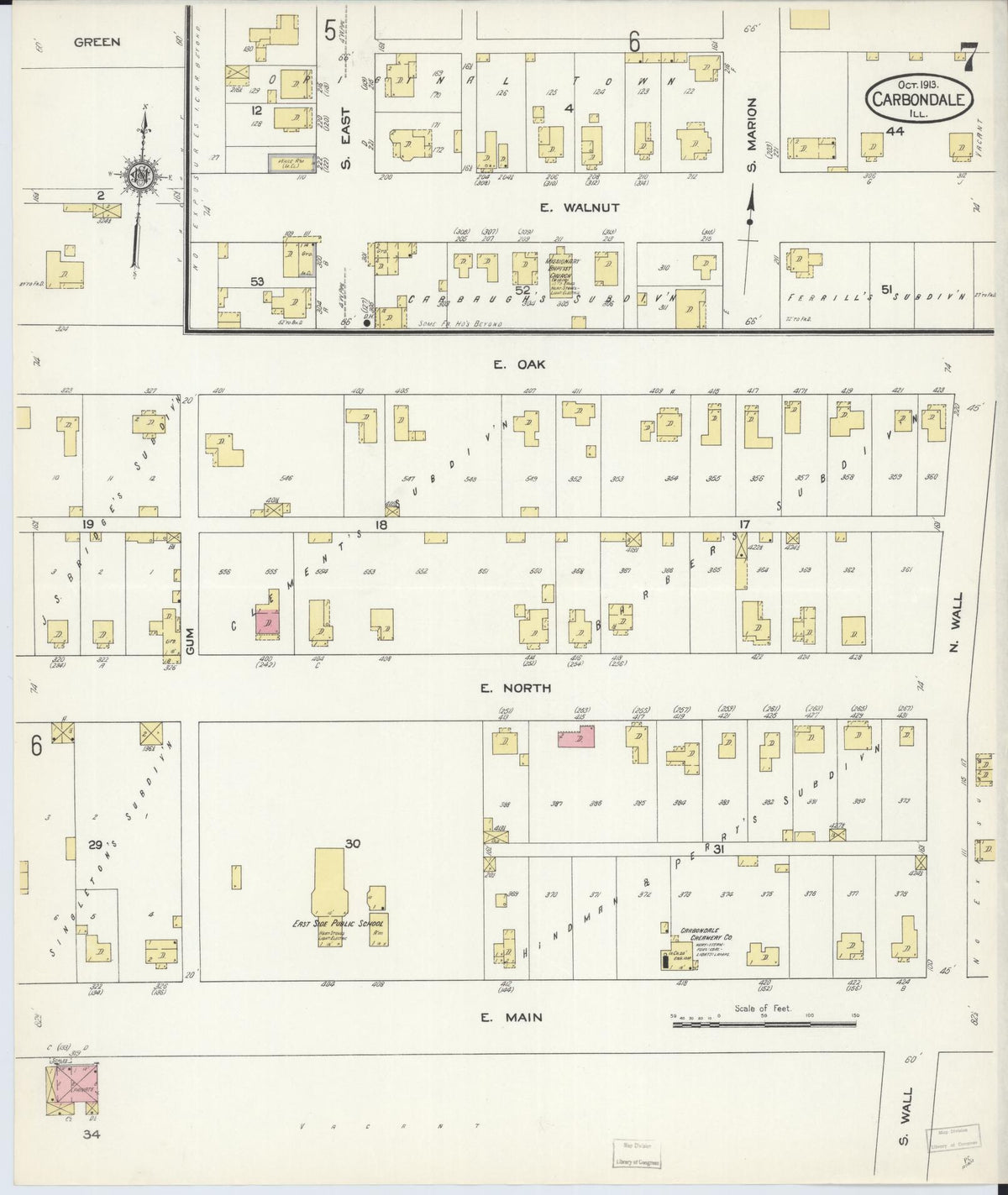 Sanborn Fire Insurance Map from Carbondale, Jackson County, Illinois (1913), Sheet #0007 - Complete Map Set gallery image, historic Sanborn map, vintage wall art, Illinois Illinois