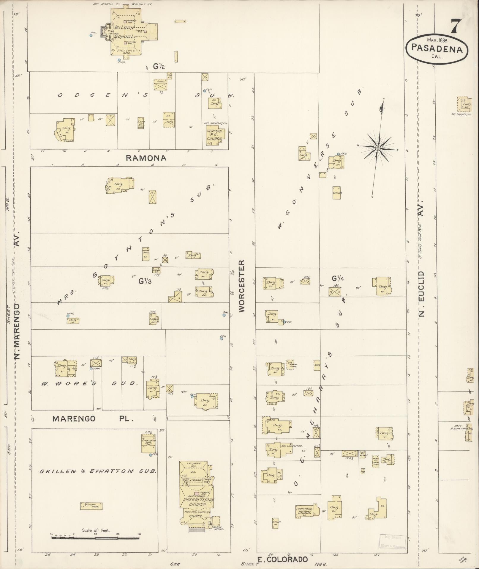 Sanborn Fire Insurance Map from Pasadena, Los Angeles County, California (1888), Sheet #0007 - Complete Map Set gallery image, historic Sanborn map, vintage wall art, California California