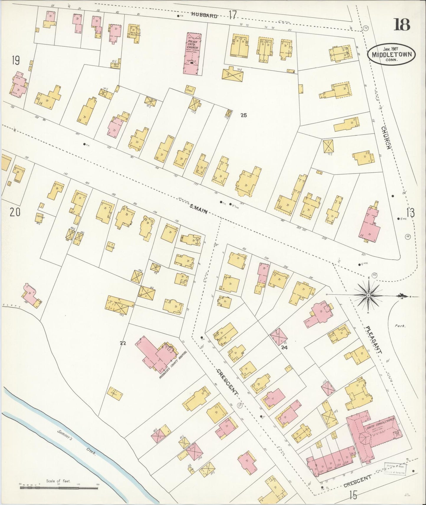 Sanborn Fire Insurance Map from Middletown, Middlesex County, Connecticut (1907), Sheet #0018 - Historic Sanborn Fire Insurance Map Print, vintage old map wall art, antique decor, genealogy gift, Connecticut Connecticut map