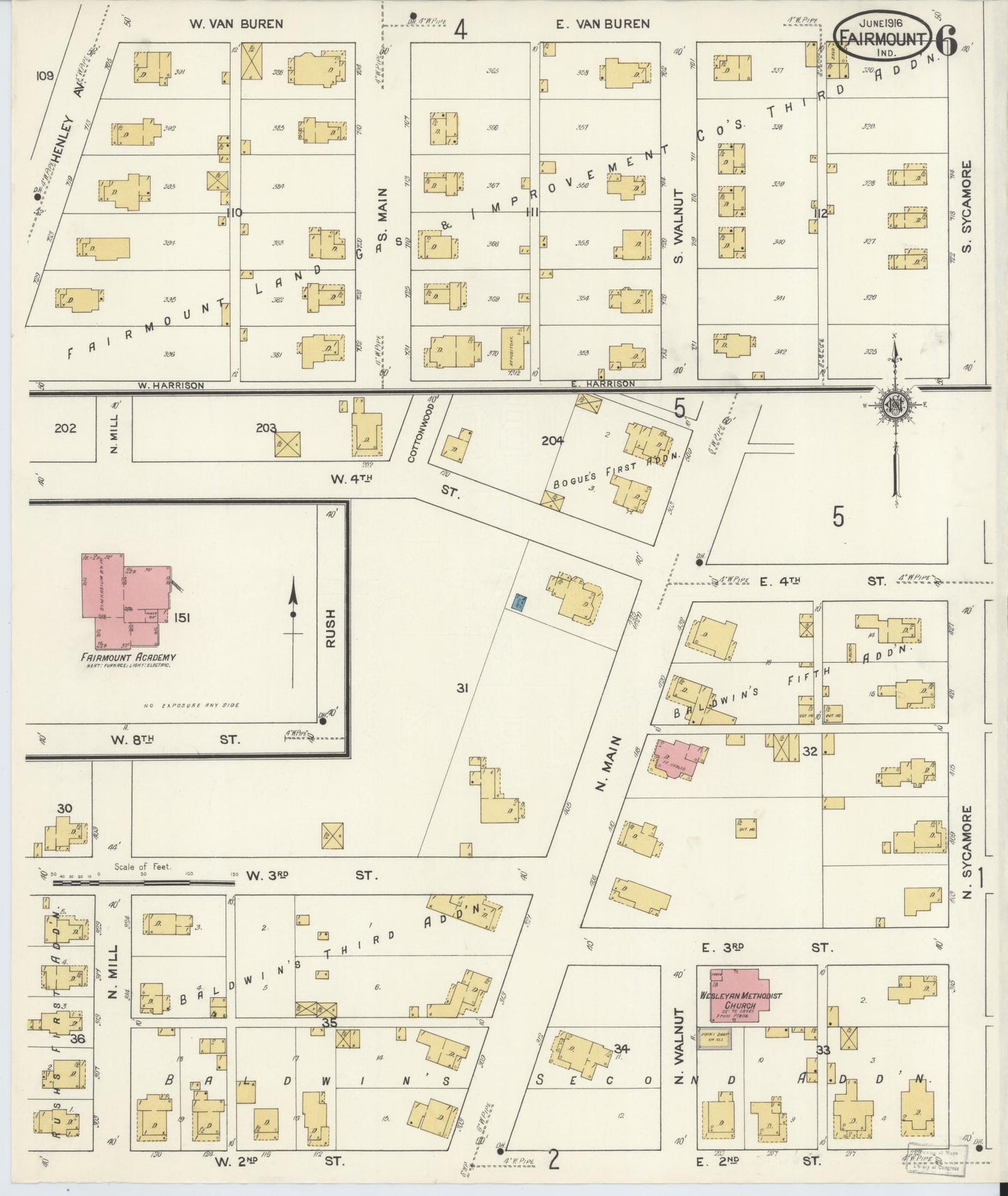 Sanborn Fire Insurance Map from Fairmount, Grant County, Indiana (1916), Sheet #0006 - Complete Map Set gallery image, historic Sanborn map, vintage wall art, Indiana Indiana