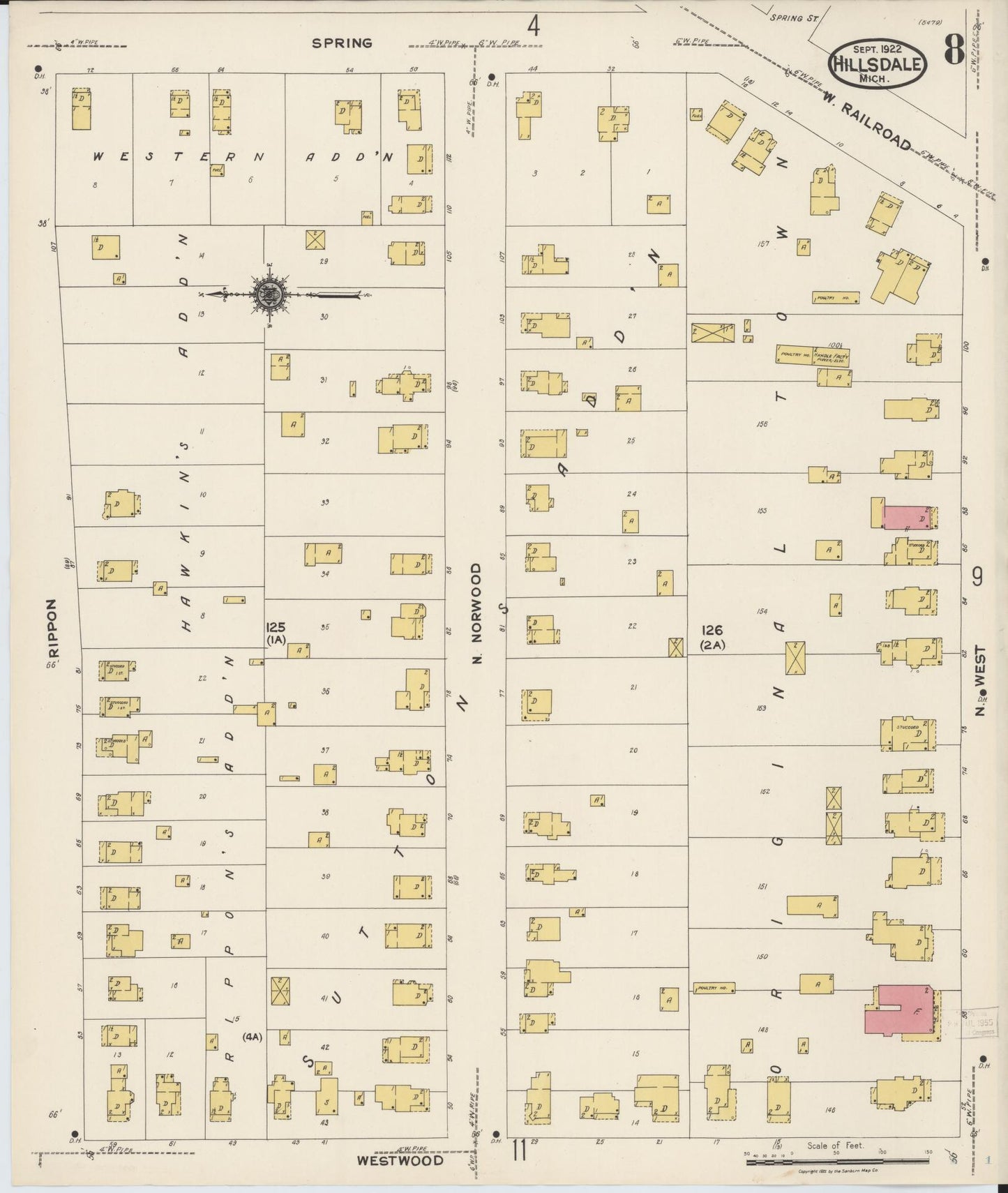 Sanborn Fire Insurance Map from Hillsdale, Hillsdale County, Michigan (1922), Sheet #0008 - Complete Map Set gallery image, historic Sanborn map, vintage wall art, Michigan Michigan