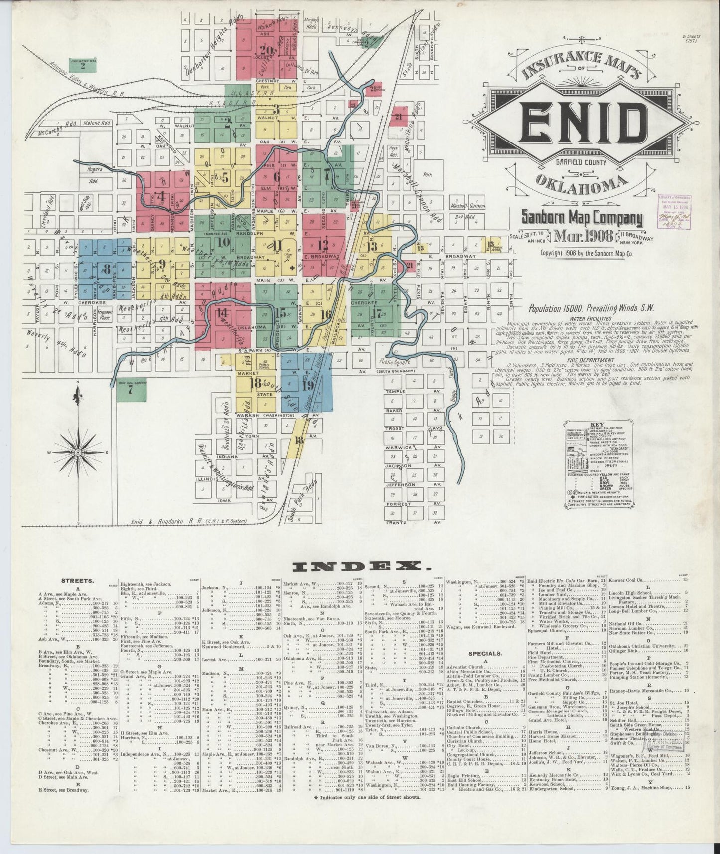 Sanborn Fire Insurance Map from Enid, Garfield County, Oklahoma (1908), Sheet #0001 - Complete Map Set gallery image, historic Sanborn map, vintage wall art, Oklahoma Oklahoma