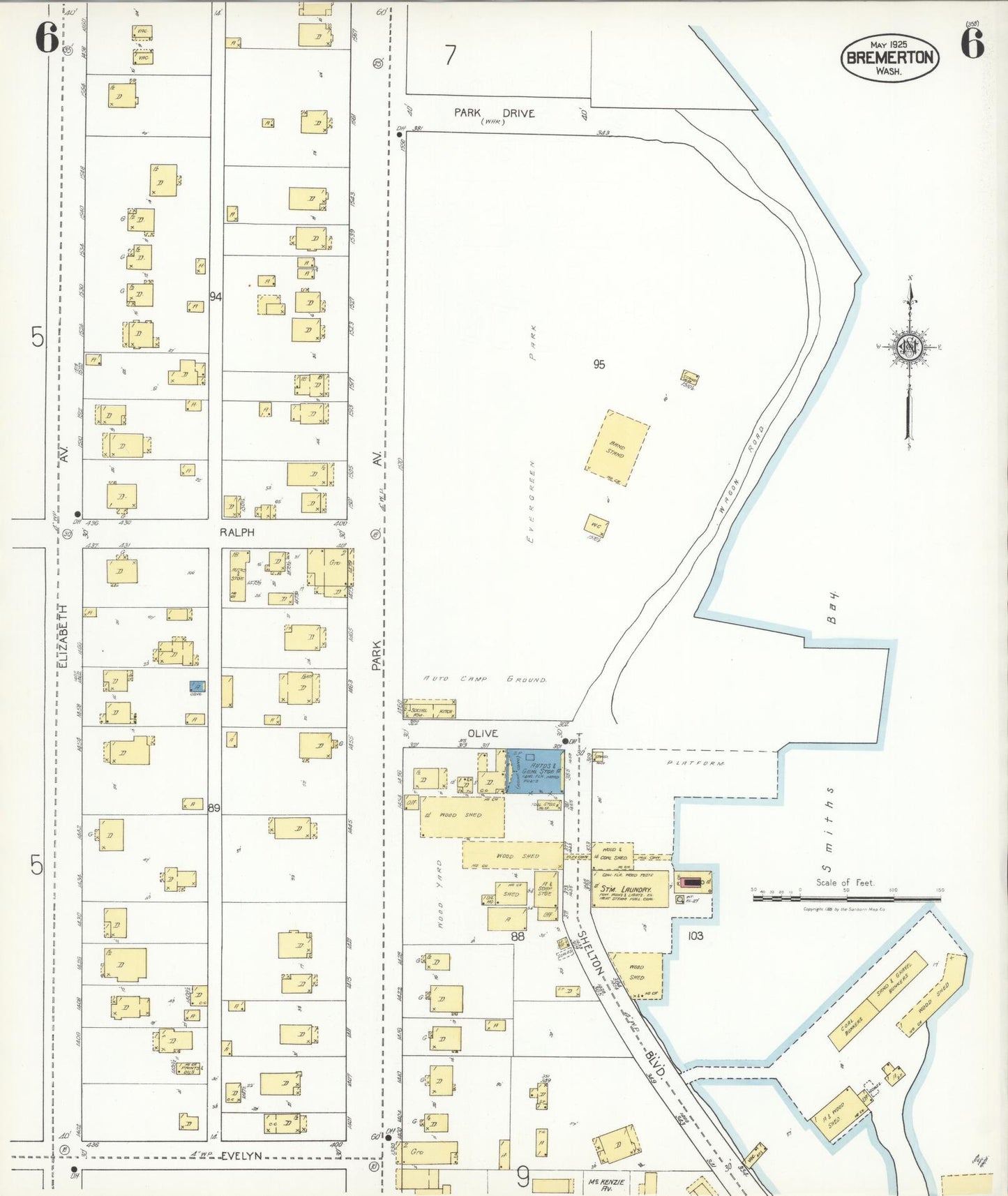 Sanborn Fire Insurance Map from Bremerton, Kitsap County, Washington (1925), Sheet #0006 - Complete Map Set gallery image, historic Sanborn map, vintage wall art, Washington Washington