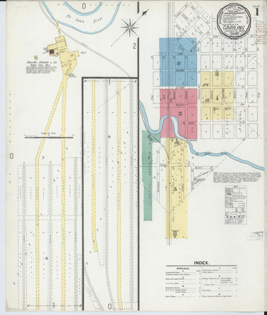 Sanborn Fire Insurance Map from Grayling, Crawford County, Michigan (1900), Sheet #0001 - Historic Sanborn Fire Insurance Map Print, vintage old map wall art, antique decor, genealogy gift, Michigan Michigan map