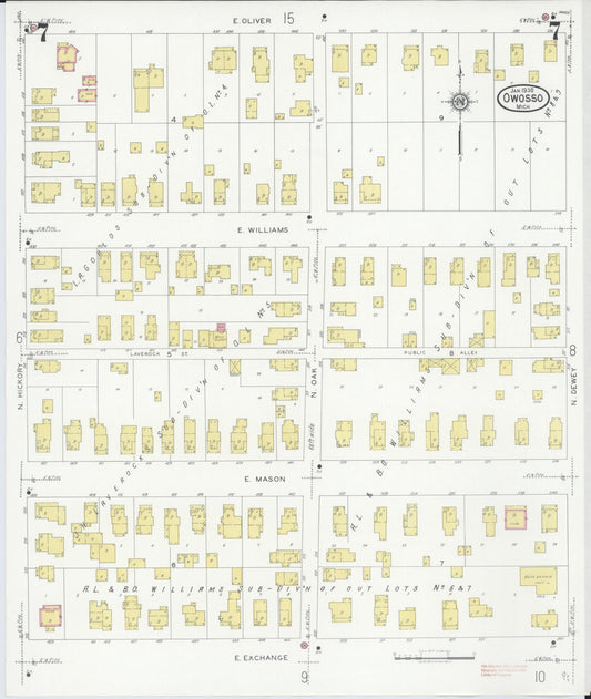 Sanborn Fire Insurance Map from Owosso, Shiawassee County, Michigan (1930), Sheet #0007 - Historic Sanborn Fire Insurance Map Print, vintage old map wall art, antique decor, genealogy gift, Michigan Michigan map