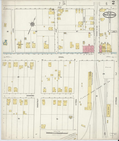 Sanborn Fire Insurance Map from New Smyrna, Valusia County, Florida (1916), Sheet #0002 - Complete Map Set gallery image, historic Sanborn map, vintage wall art, Florida Florida