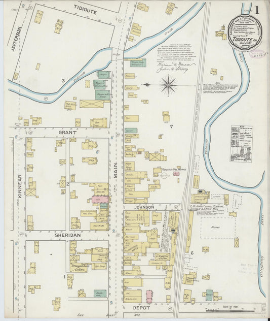 Sanborn Fire Insurance Map from Tidioute, Warren County, Pennsylvania (1887), Sheet #0001 - Historic Sanborn Fire Insurance Map Print, vintage old map wall art, antique decor, genealogy gift, Pennsylvania Pennsylvania map
