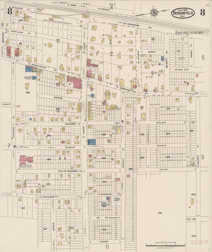 Sanborn Fire Insurance Map from Bergenfield, Bergen County, New Jersey (1923), Sheet #0008 - Historic Sanborn Fire Insurance Map Print, vintage old map wall art, antique decor, genealogy gift, New Jersey New Jersey map
