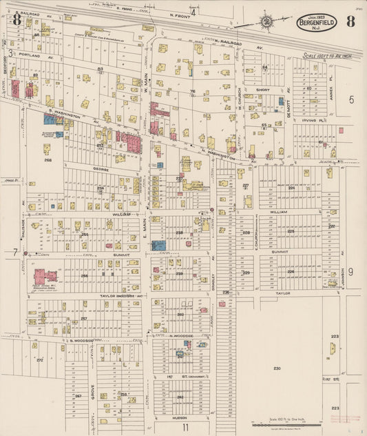 Sanborn Fire Insurance Map from Bergenfield, Bergen County, New Jersey (1923), Sheet #0008 - Historic Sanborn Fire Insurance Map Print, vintage old map wall art, antique decor, genealogy gift, New Jersey New Jersey map