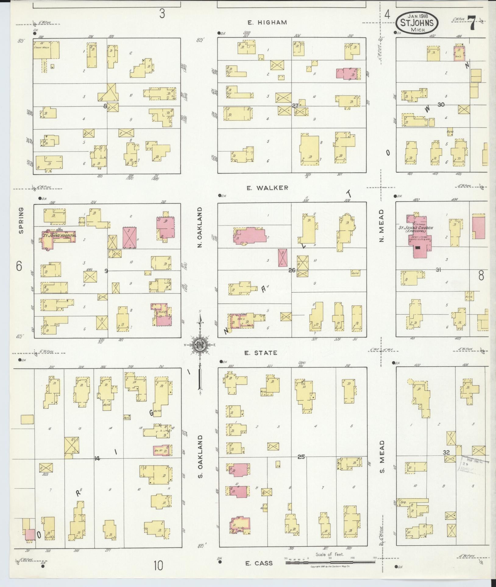 Sanborn Fire Insurance Map from Saint Johns, Clinton County, Michigan (1918), Sheet #0007 - Complete Map Set gallery image, historic Sanborn map, vintage wall art, Michigan Michigan