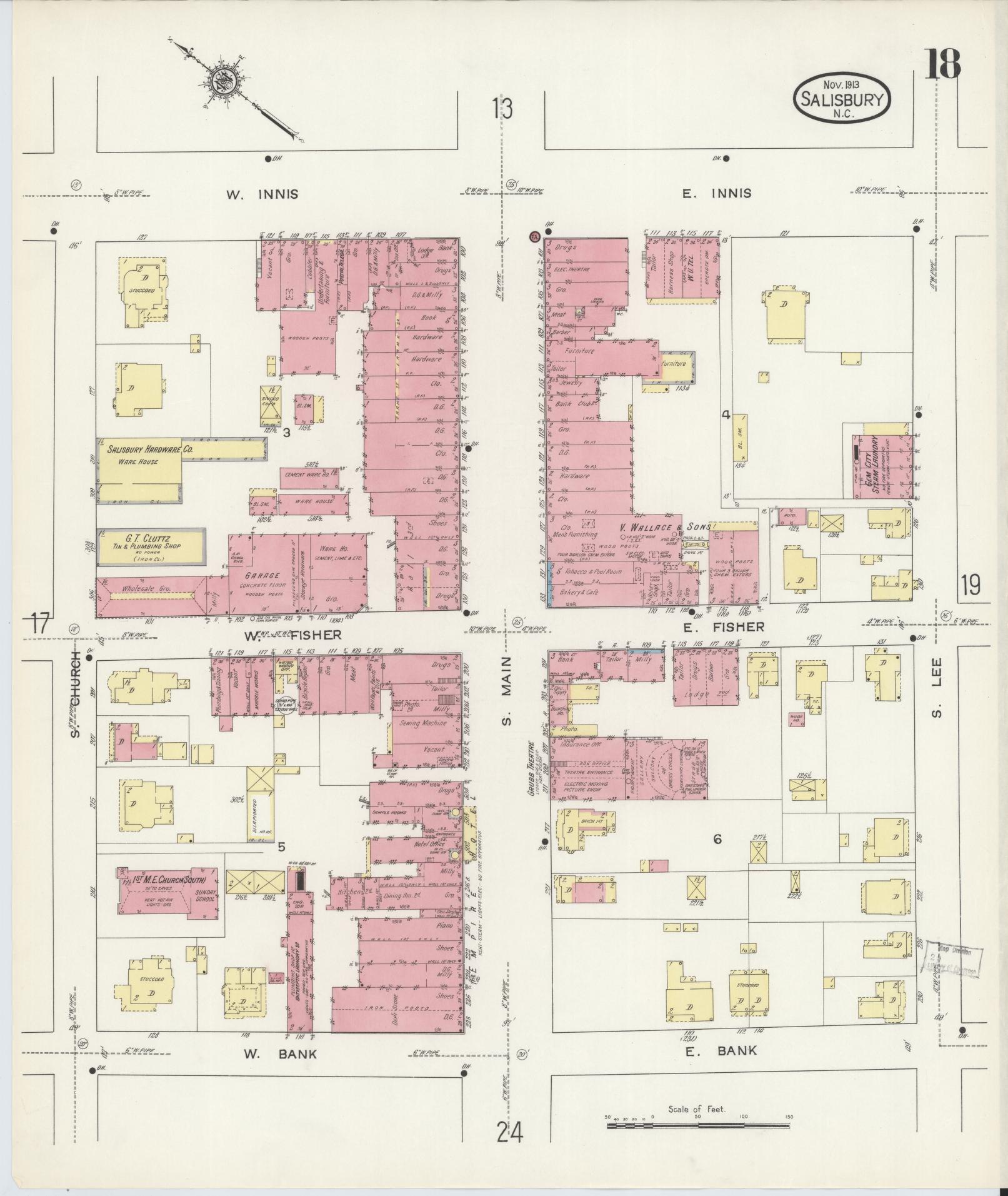 Sanborn Fire Insurance Map from Salisbury, Rowan County, North Carolina (1913), Sheet #0018 - Historic Sanborn Fire Insurance Map Print, vintage old map wall art, antique decor, genealogy gift, North Carolina North Carolina map
