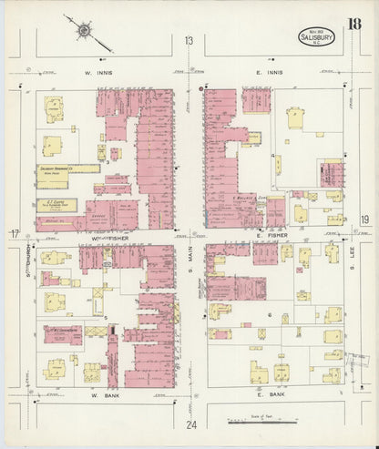 Sanborn Fire Insurance Map from Salisbury, Rowan County, North Carolina (1913), Sheet #0018 - Historic Sanborn Fire Insurance Map Print, vintage old map wall art, antique decor, genealogy gift, North Carolina North Carolina map