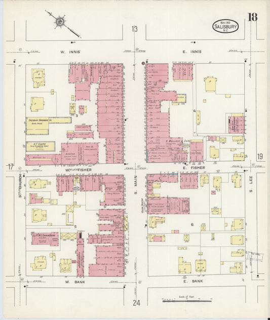 Sanborn Fire Insurance Map from Salisbury, Rowan County, North Carolina (1913), Sheet #0018 - Historic Sanborn Fire Insurance Map Print, vintage old map wall art, antique decor, genealogy gift, North Carolina North Carolina map
