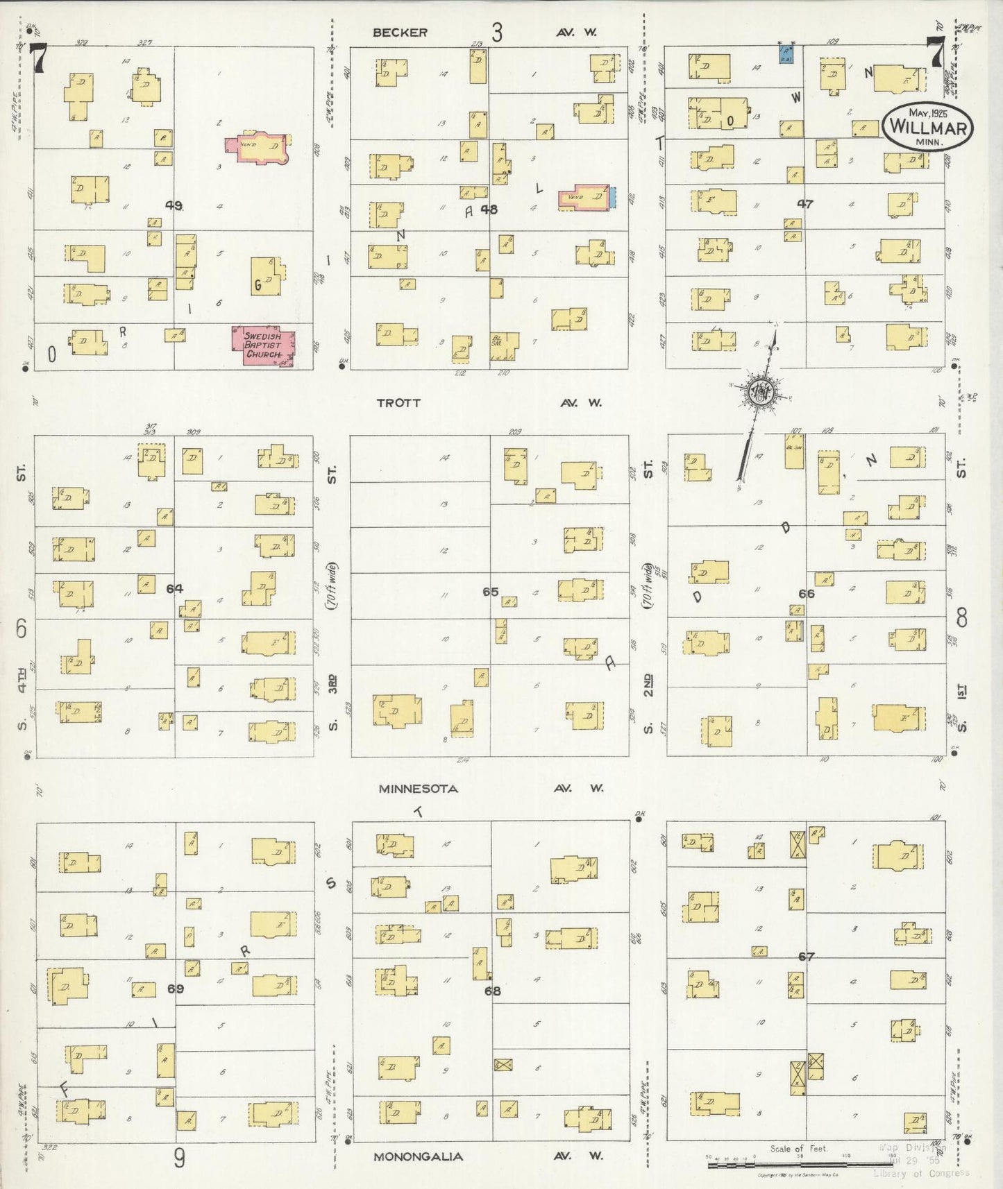 Sanborn Fire Insurance Map from Willmar, Kandiyohi County, Minnesota (1925), Sheet #0007 - Historic Sanborn Fire Insurance Map Print, vintage old map wall art, antique decor, genealogy gift, Minnesota Minnesota map