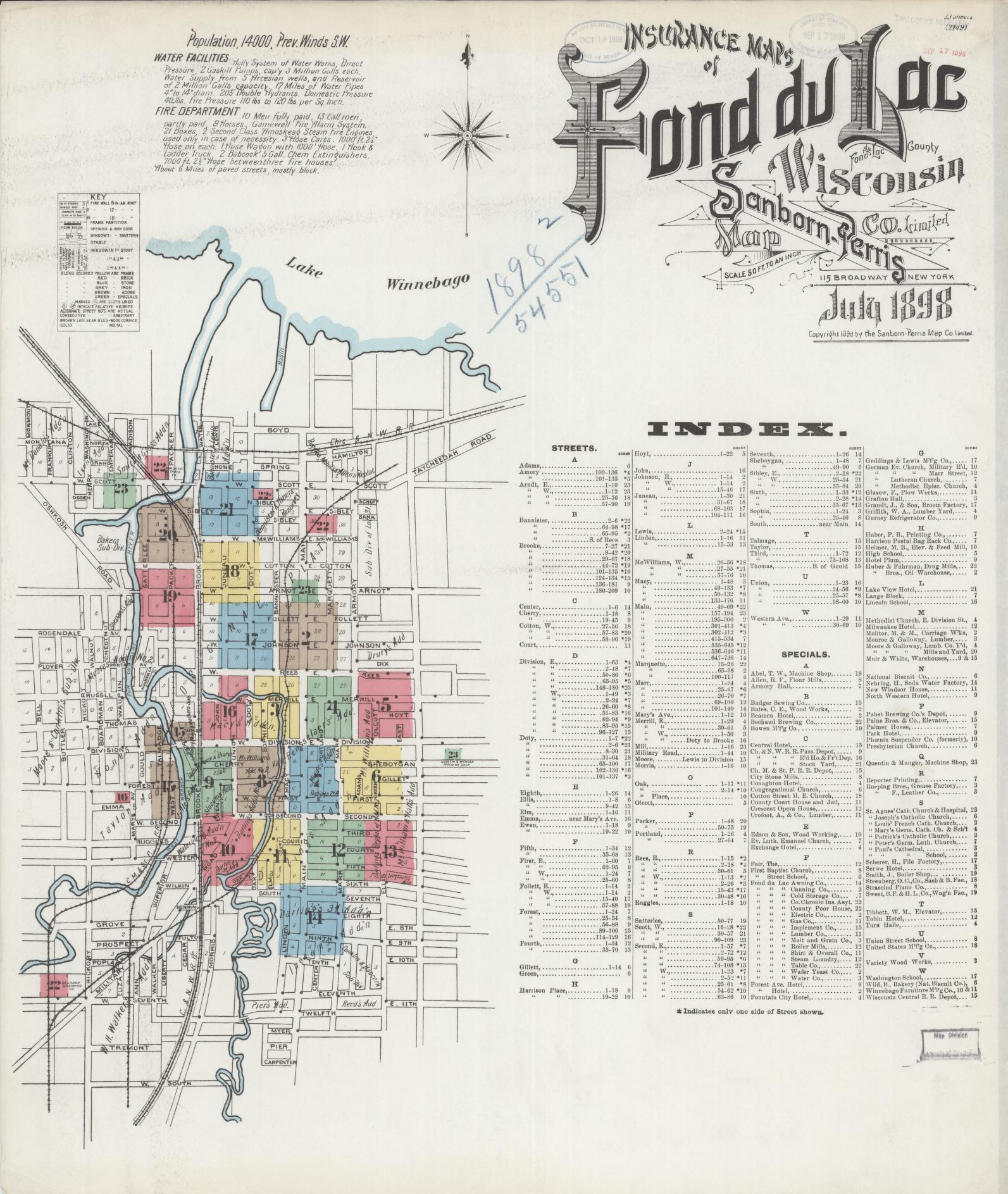 Sanborn Fire Insurance Map from Fond du Lac, Fond du Lac County, Wisconsin (1898), Sheet #0001 - Historic Sanborn Fire Insurance Map Print, vintage old map wall art, antique decor, genealogy gift, Wisconsin Wisconsin map
