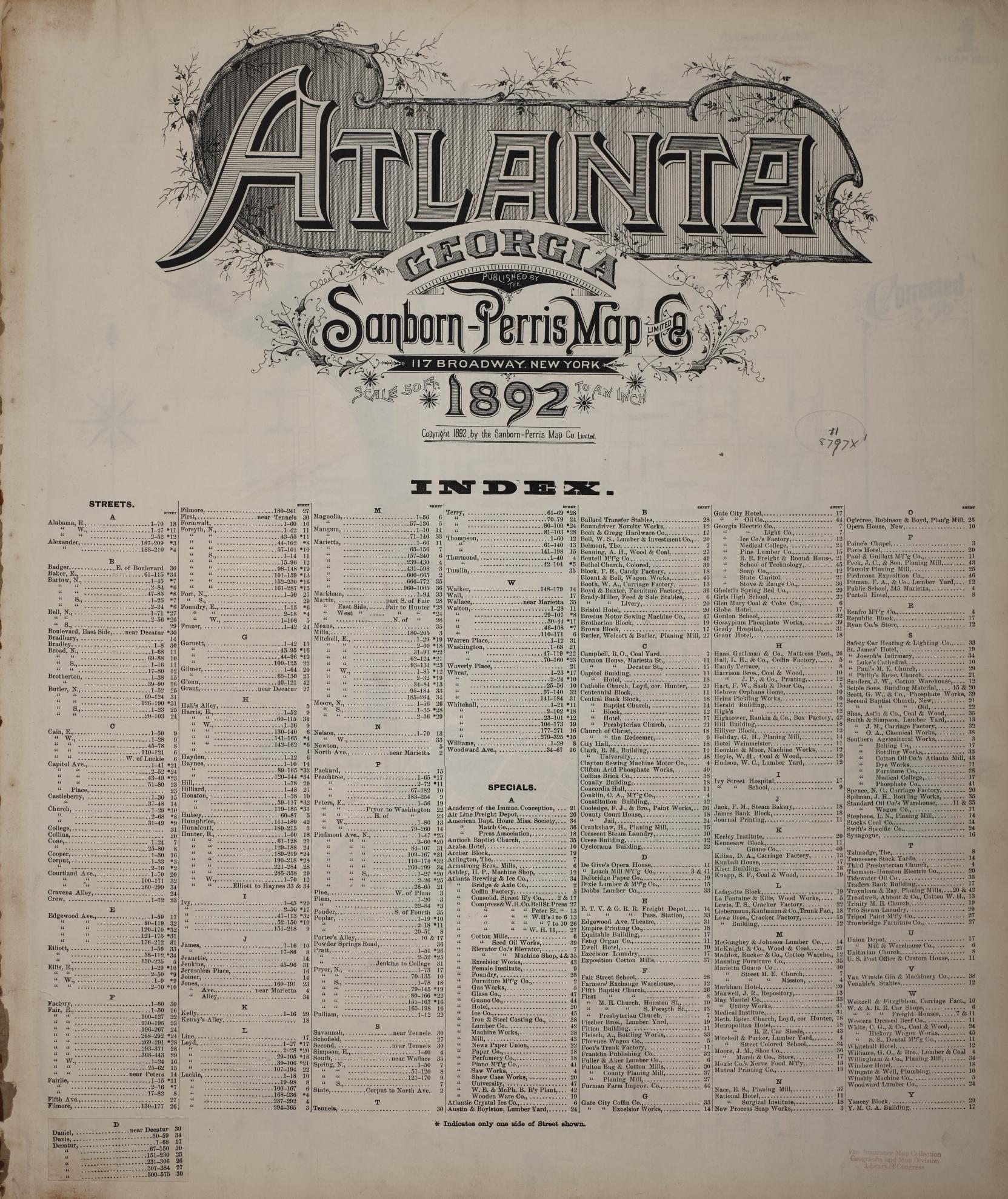 Sanborn Fire Insurance Map from Atlanta, Fulton County, Georgia (1892), Sheet #0001 - Historic Sanborn Fire Insurance Map Print, vintage old map wall art, antique decor, genealogy gift, Georgia Georgia map