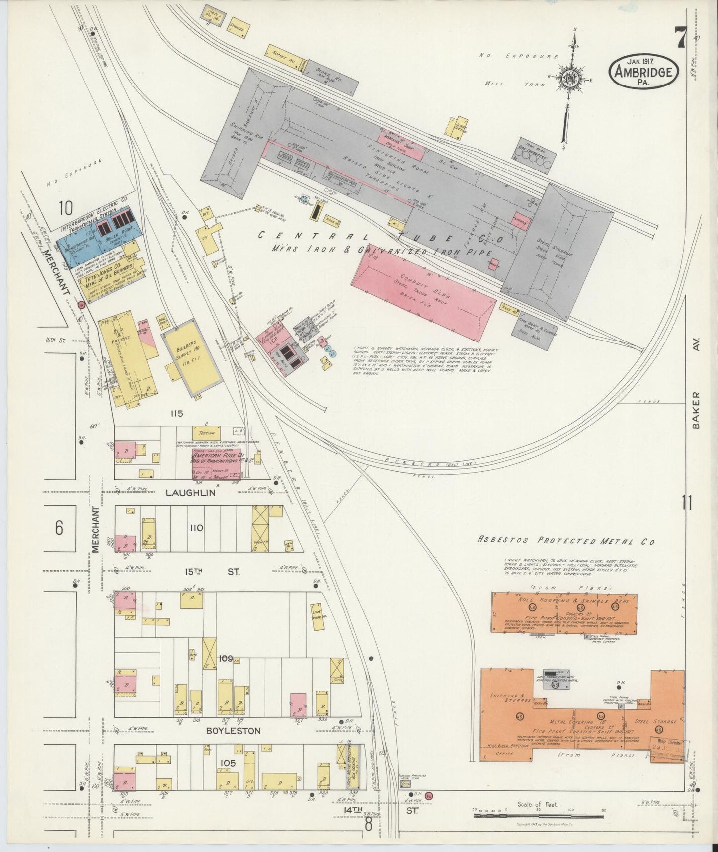 Sanborn Fire Insurance Map from Ambridge, Beaver County, Pennsylvania (1917), Sheet #0007 - Historic Sanborn Fire Insurance Map Print, vintage old map wall art, antique decor, genealogy gift, Pennsylvania Pennsylvania map