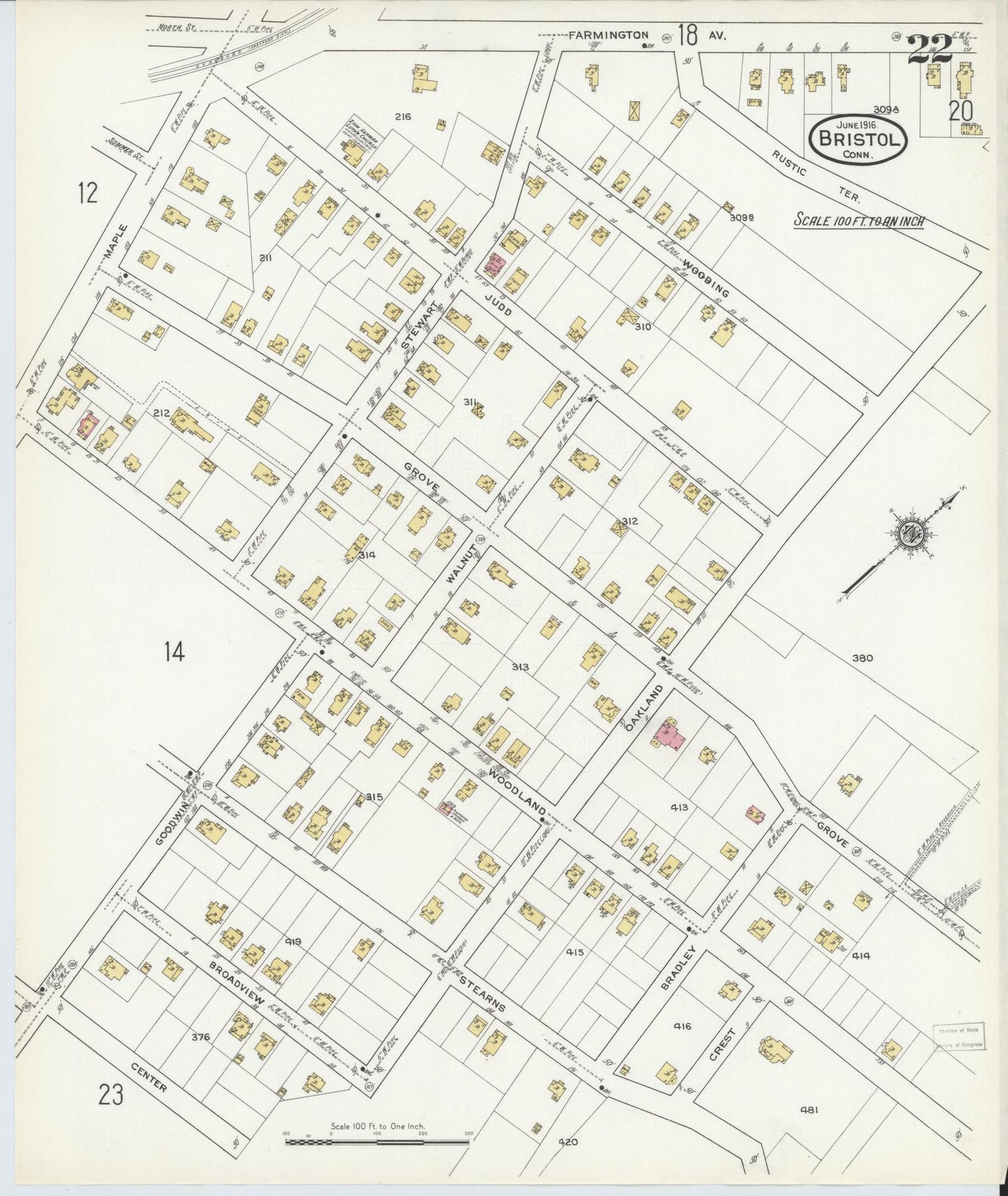 Sanborn Fire Insurance Map from Bristol, Hartford County, Connecticut (1916), Sheet #0022 - Complete Map Set gallery image, historic Sanborn map, vintage wall art, Connecticut Connecticut
