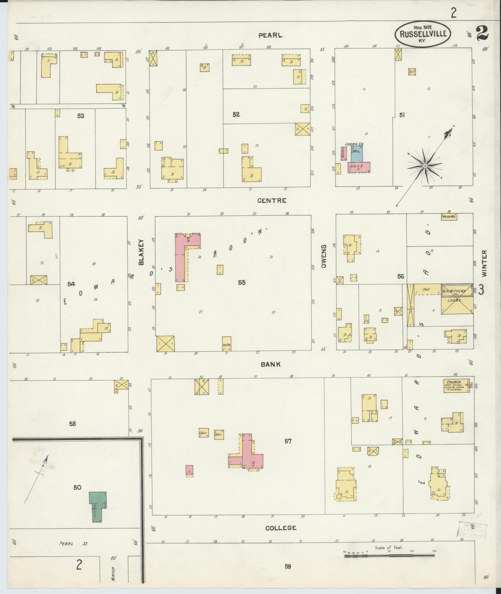 Sanborn Fire Insurance Map from Russellville, Logan County, Kentucky (1902), Sheet #0002 - Historic Sanborn Fire Insurance Map Print, vintage old map wall art, antique decor, genealogy gift, Kentucky Kentucky map