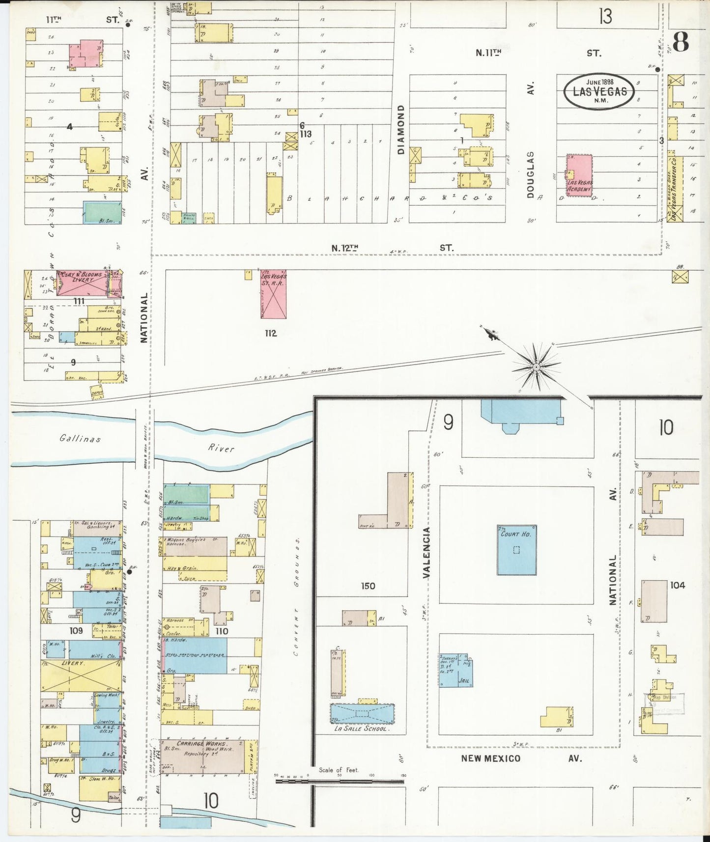 Sanborn Fire Insurance Map from Las Vegas, San Miguel County, New Mexico (1898), Sheet #0008 - Historic Sanborn Fire Insurance Map Print, vintage old map wall art, antique decor, genealogy gift, New Mexico New Mexico map