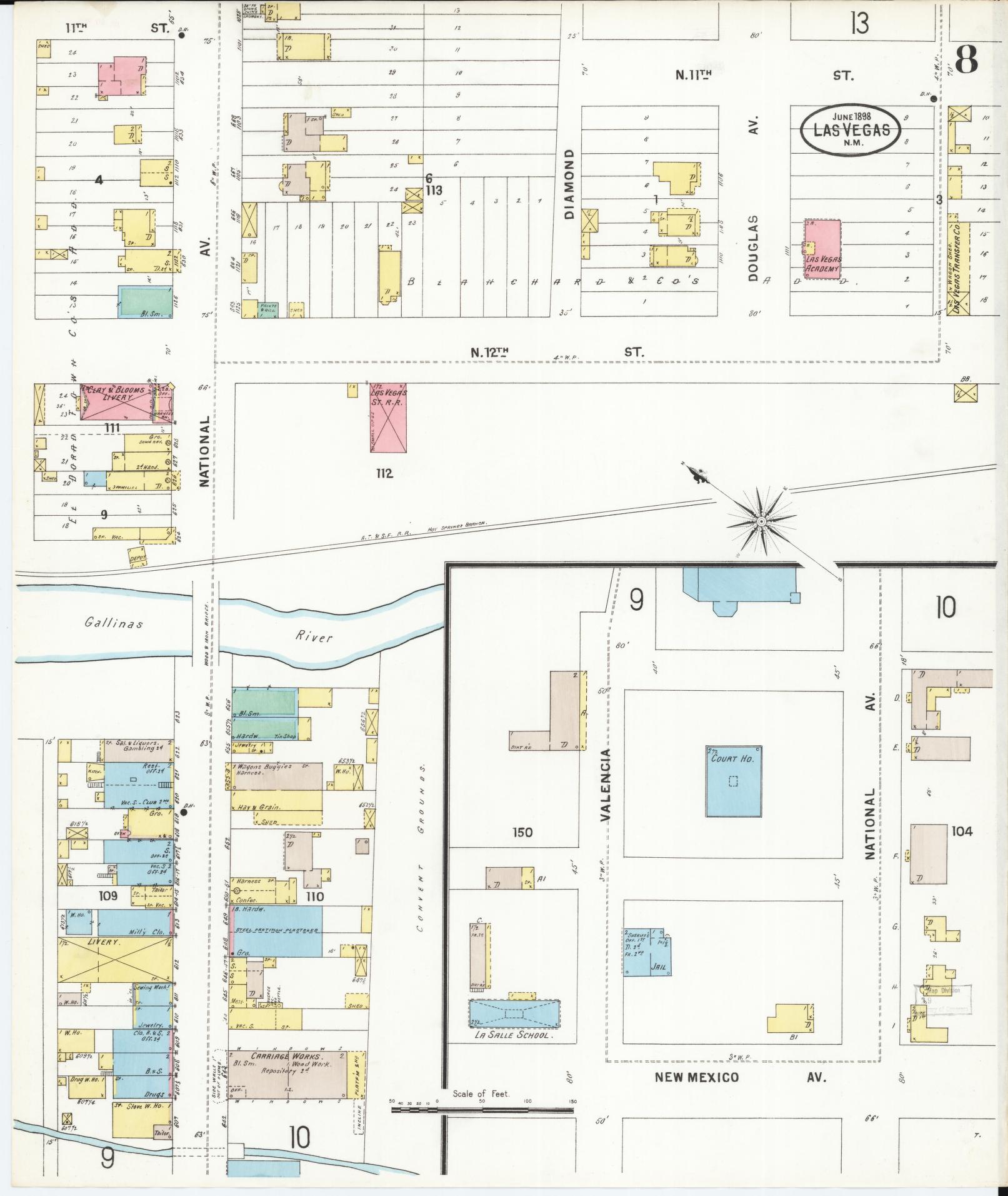 Sanborn Fire Insurance Map from Las Vegas, San Miguel County, New Mexico (1898), Sheet #0008 - Historic Sanborn Fire Insurance Map Print, vintage old map wall art, antique decor, genealogy gift, New Mexico New Mexico map