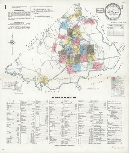 Sanborn Fire Insurance Map from Needham, Norfolk County, Massachusetts (1937), Sheet #0001 - Historic Sanborn Fire Insurance Map Print, vintage old map wall art, antique decor, genealogy gift, Massachusetts Massachusetts map
