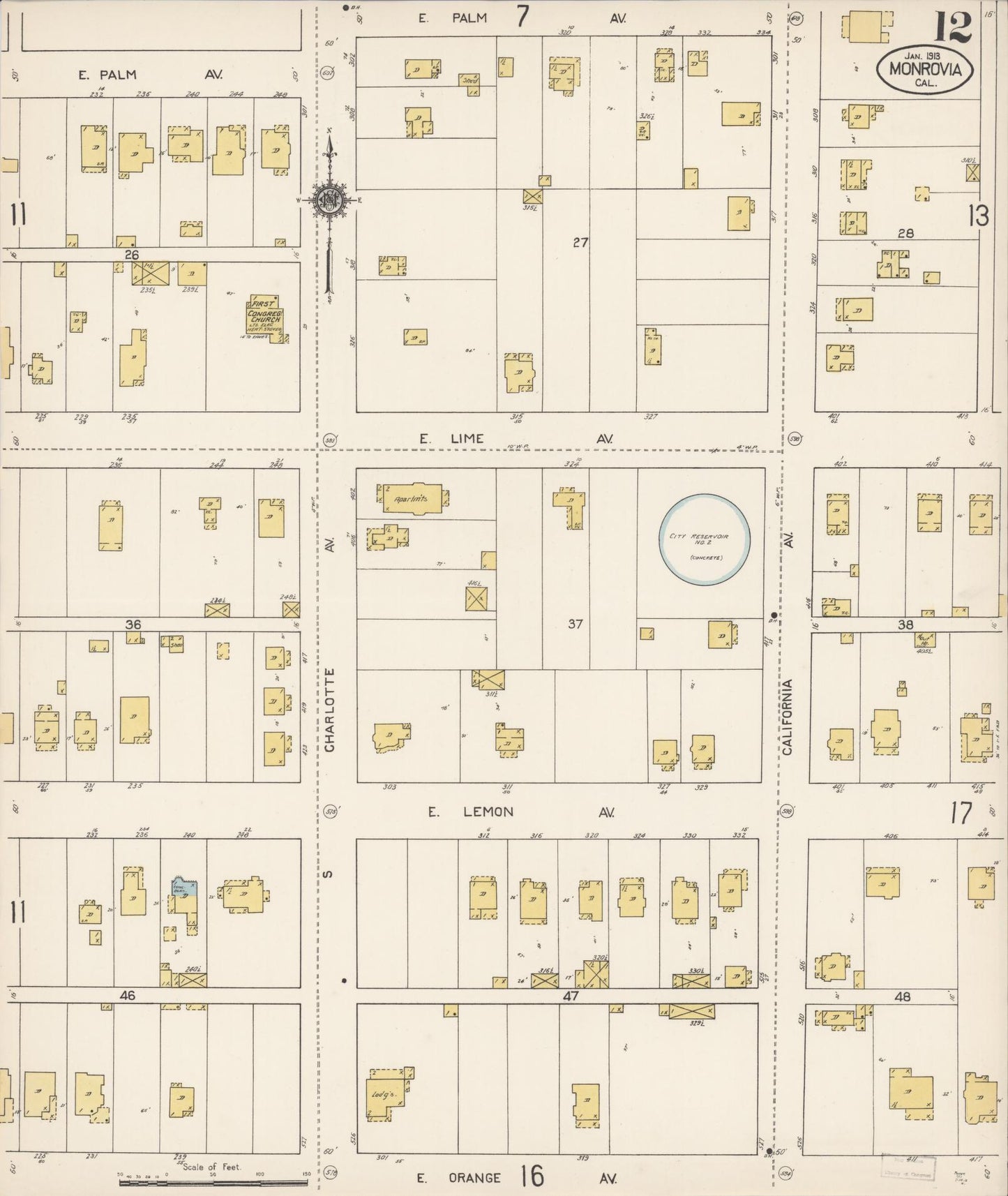 Sanborn Fire Insurance Map from Monrovia, Los Angeles County, California (1913), Sheet #0012 - Complete Map Set gallery image, historic Sanborn map, vintage wall art, California California