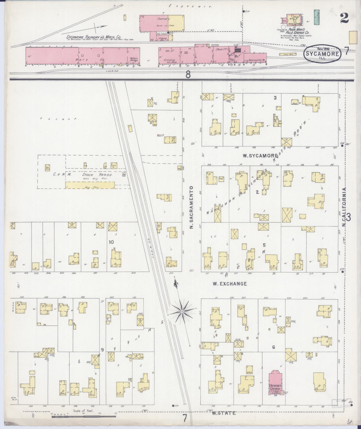Sanborn Fire Insurance Map from Sycamore, De Kalb County, Illinois (1896), Sheet #0002 - Complete Map Set gallery image, historic Sanborn map, vintage wall art, Illinois Illinois