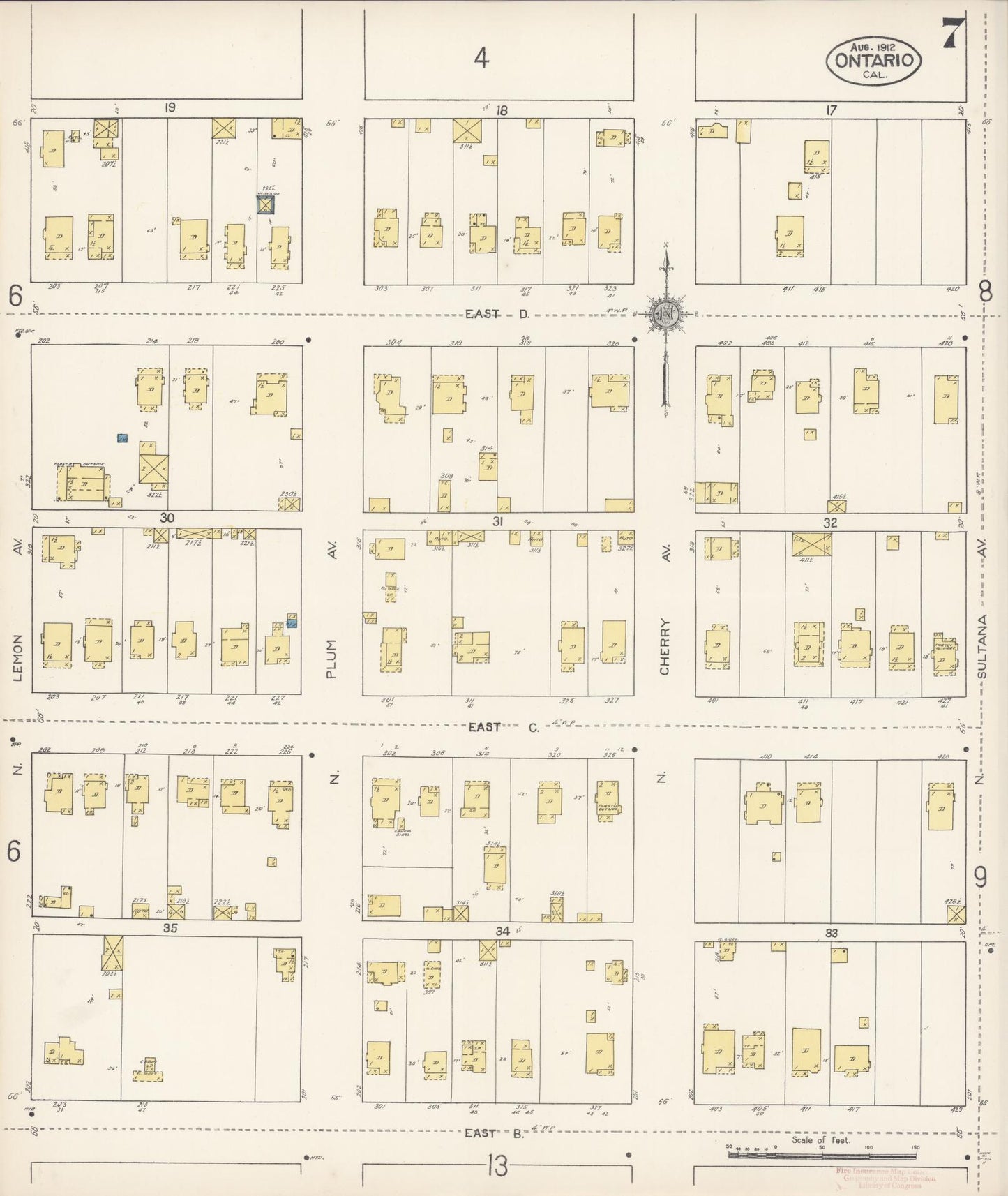 Sanborn Fire Insurance Map from Ontario, San Bernardino County, California (1912), Sheet #0007 - Historic Sanborn Fire Insurance Map Print, vintage old map wall art, antique decor, genealogy gift, California California map