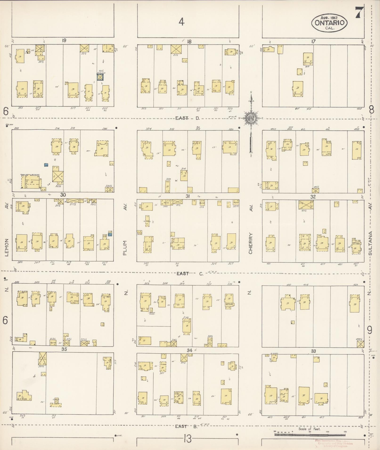 Sanborn Fire Insurance Map from Ontario, San Bernardino County, California (1912), Sheet #0007 - Historic Sanborn Fire Insurance Map Print, vintage old map wall art, antique decor, genealogy gift, California California map