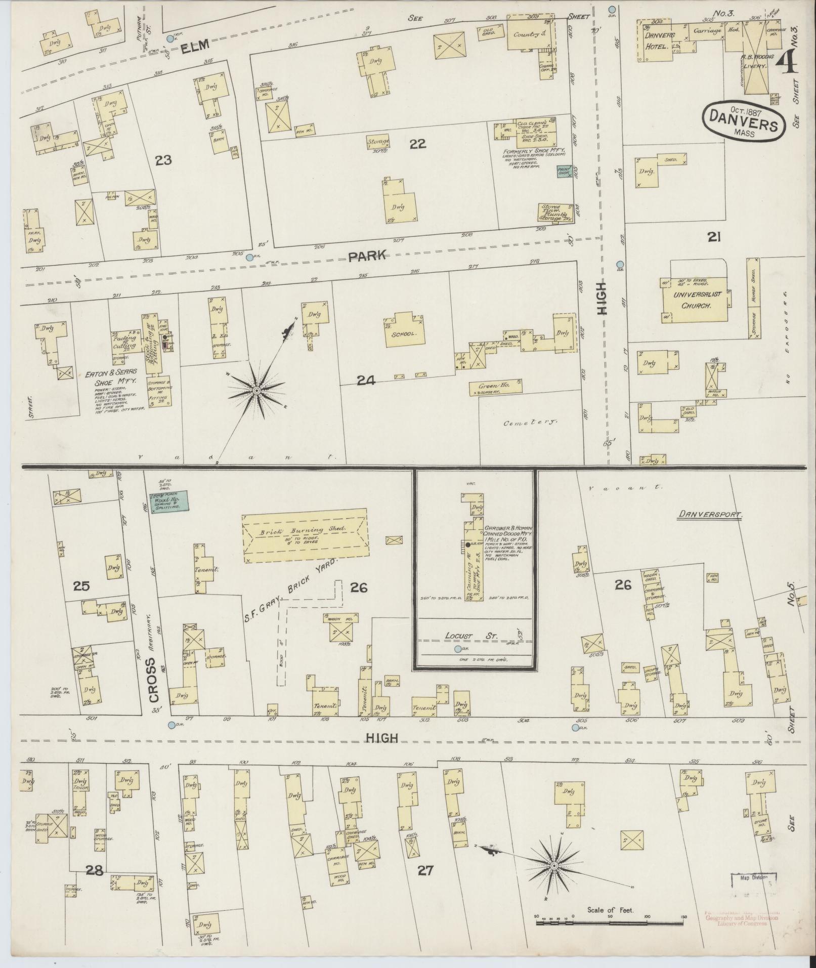 Sanborn Fire Insurance Map from Danvers, Essex County, Massachusetts (1887), Sheet #0004 - Complete Map Set gallery image, historic Sanborn map, vintage wall art, Massachusetts Massachusetts