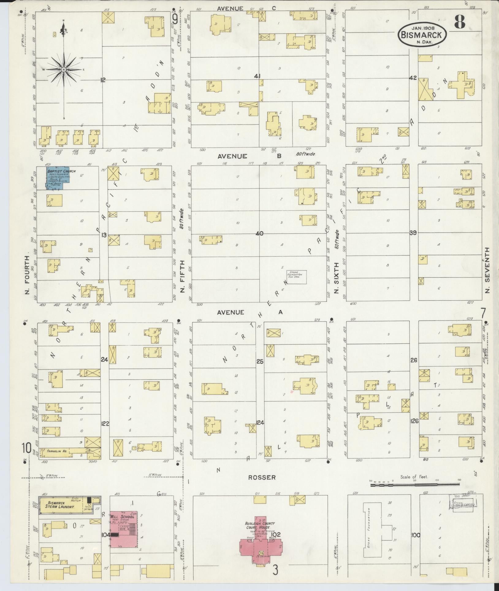 Sanborn Fire Insurance Map from Bismarck, Burleigh County, North Dakota (1906), Sheet #0008 - Complete Map Set gallery image, historic Sanborn map, vintage wall art, North Dakota North Dakota