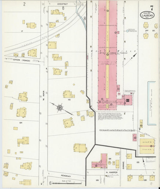 Sanborn Fire Insurance Map from Laurens, Laurens County, South Carolina (1912), Sheet #0007 - Historic Sanborn Fire Insurance Map Print, vintage old map wall art, antique decor, genealogy gift, South Carolina South Carolina map