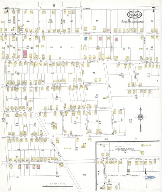 Sanborn Fire Insurance Map from Delmar, Sussex County, Del., And Wicomico County, MD, Delaware (1923), Sheet #0007 - Historic Sanborn Fire Insurance Map Print, vintage old map wall art, antique decor, genealogy gift, Delaware Delaware map