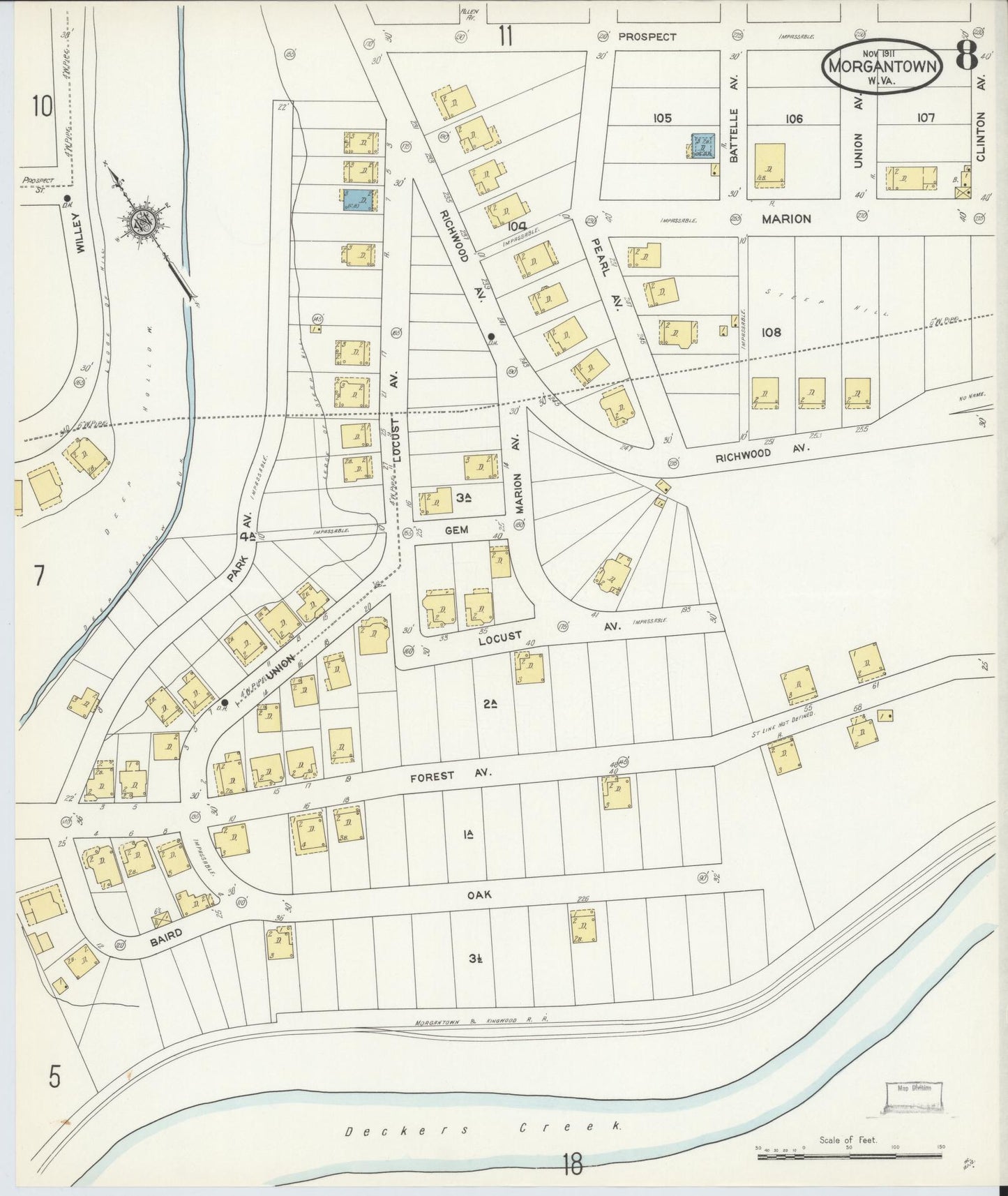 Sanborn Fire Insurance Map from Morgantown, Monongalia County, West Virginia (1911), Sheet #0008 - Historic Sanborn Fire Insurance Map Print, vintage old map wall art, antique decor, genealogy gift, West Virginia West Virginia map