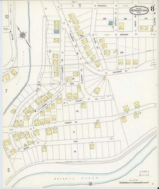 Sanborn Fire Insurance Map from Morgantown, Monongalia County, West Virginia (1911), Sheet #0008 - Historic Sanborn Fire Insurance Map Print, vintage old map wall art, antique decor, genealogy gift, West Virginia West Virginia map