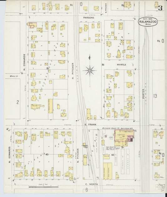 Sanborn Fire Insurance Map from Kalamazoo, Kalamazoo County, Michigan (1896), Sheet #0003 - Historic Sanborn Fire Insurance Map Print, vintage old map wall art, antique decor, genealogy gift, Michigan Michigan map