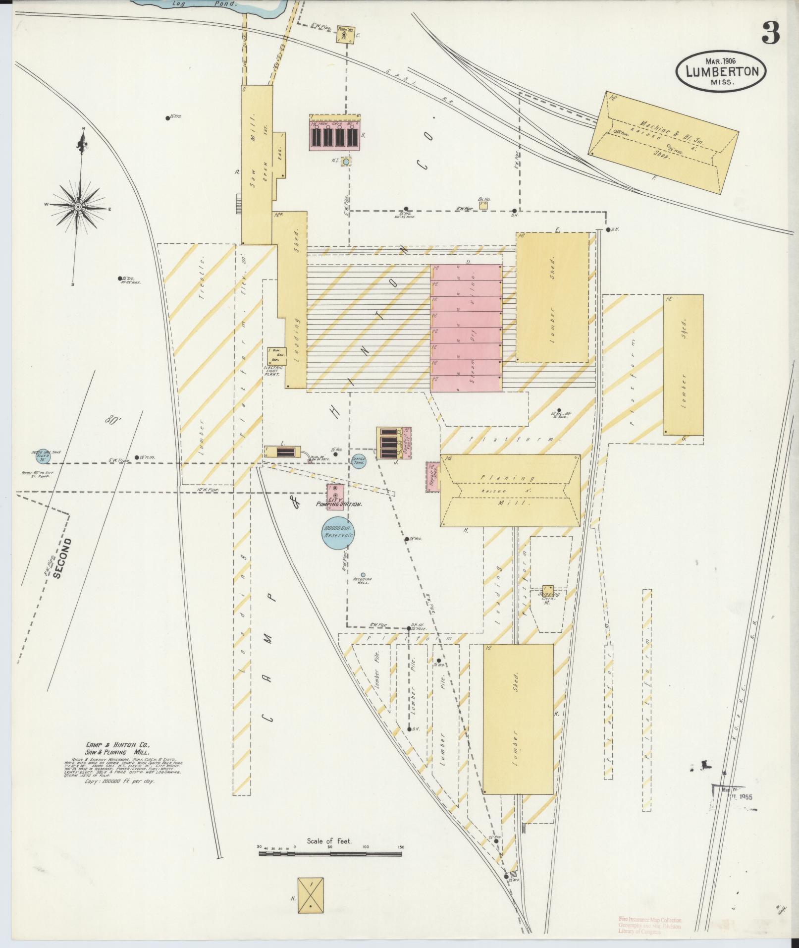 Sanborn Fire Insurance Map from Lumberton, Lamar County, Mississippi (1906), Sheet #0003 - Complete Map Set gallery image, historic Sanborn map, vintage wall art, Mississippi Mississippi