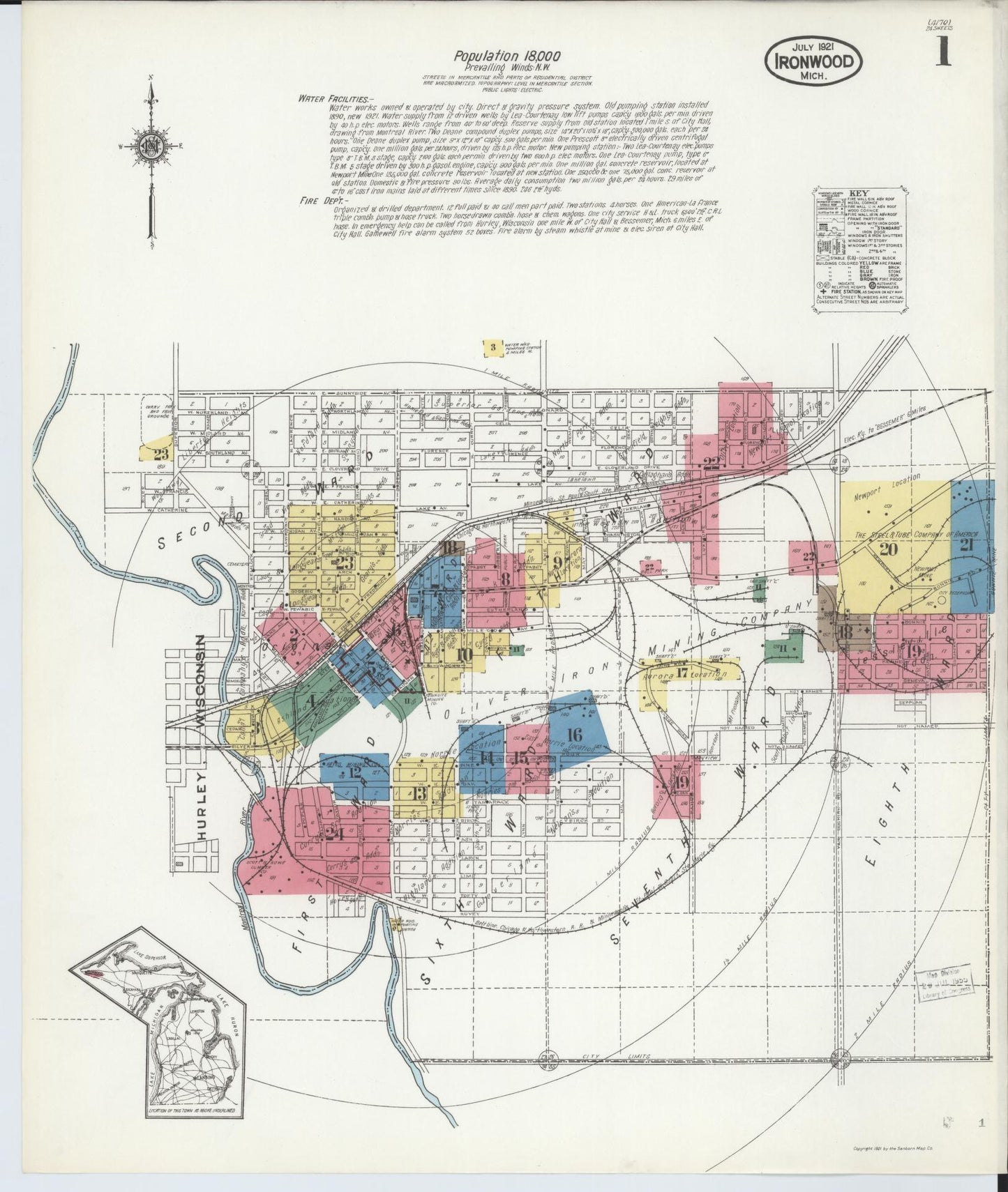 Sanborn Fire Insurance Map from Ironwood, Gogebic County, Michigan (1921), Sheet #0001 - Complete Map Set gallery image, historic Sanborn map, vintage wall art, Michigan Michigan