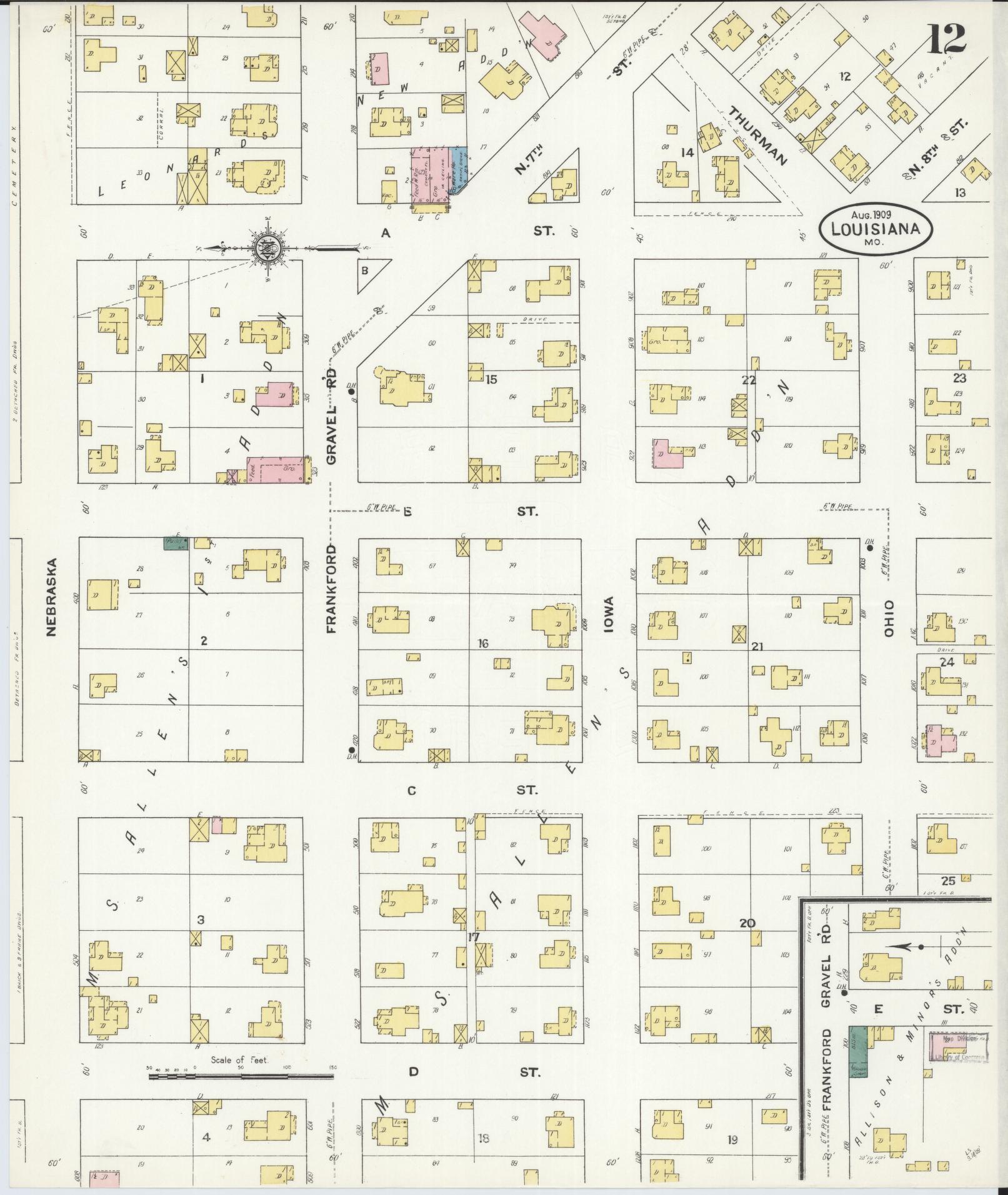 Sanborn Fire Insurance Map from Louisiana, Pike County, Missouri (1909), Sheet #0012 - Historic Sanborn Fire Insurance Map Print, vintage old map wall art, antique decor, genealogy gift, Missouri Missouri map