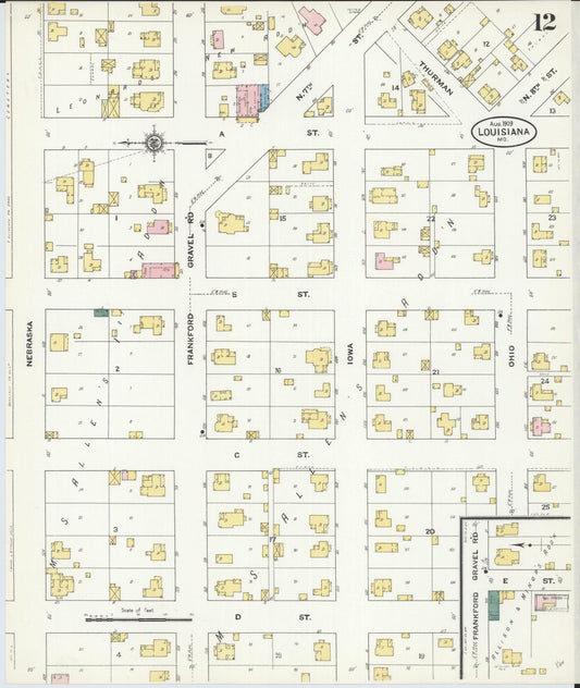Sanborn Fire Insurance Map from Louisiana, Pike County, Missouri (1909), Sheet #0012 - Historic Sanborn Fire Insurance Map Print, vintage old map wall art, antique decor, genealogy gift, Missouri Missouri map