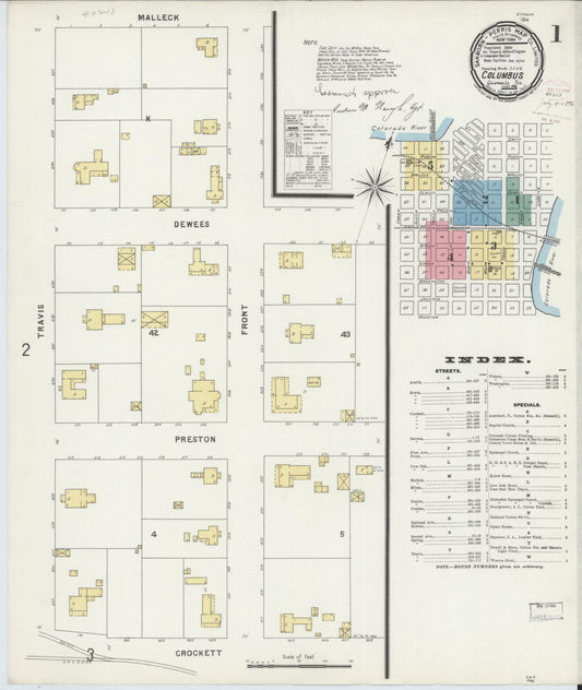 Sanborn Fire Insurance Map from Columbus, Colorado County, Texas (1896), Sheet #0001 - Historic Sanborn Fire Insurance Map Print, vintage old map wall art, antique decor, genealogy gift, Columbus Colorado map