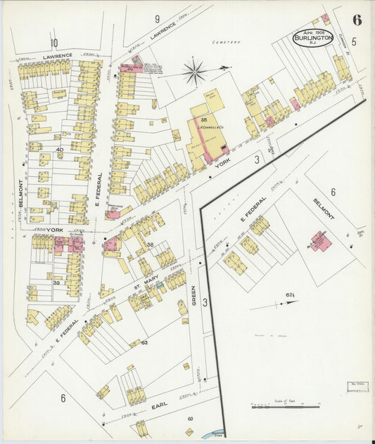 Sanborn Fire Insurance Map from Burlington, Burlington County, New Jersey (1908), Sheet #0005 - Historic Sanborn Fire Insurance Map Print, vintage old map wall art, antique decor, genealogy gift, New Jersey New Jersey map