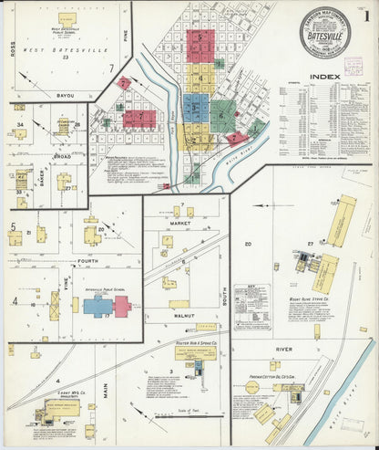 Sanborn Fire Insurance Map from Batesville, Independence County, Arkansas (1908), Sheet #0001 - Complete Map Set gallery image, historic Sanborn map, vintage wall art, Arkansas Arkansas